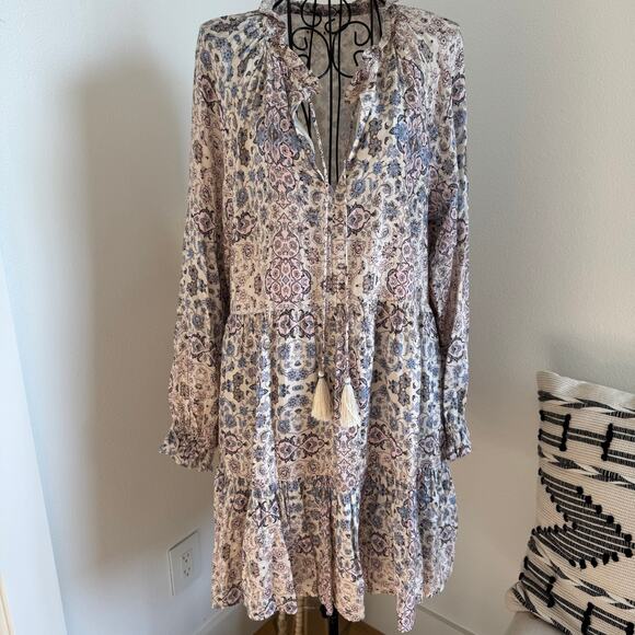 Roller Rabbit Floral Print Boho V-Neck Long Sleeve Tassel Mini Dress Small - Picture 2 of 11